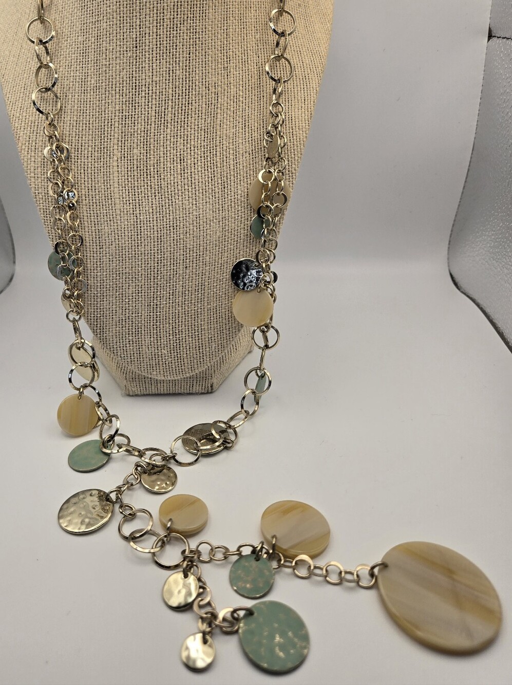 Chico's Silver-Tone Multi Disc Y-Necklace Cream & Mint Boho Textured Stylish